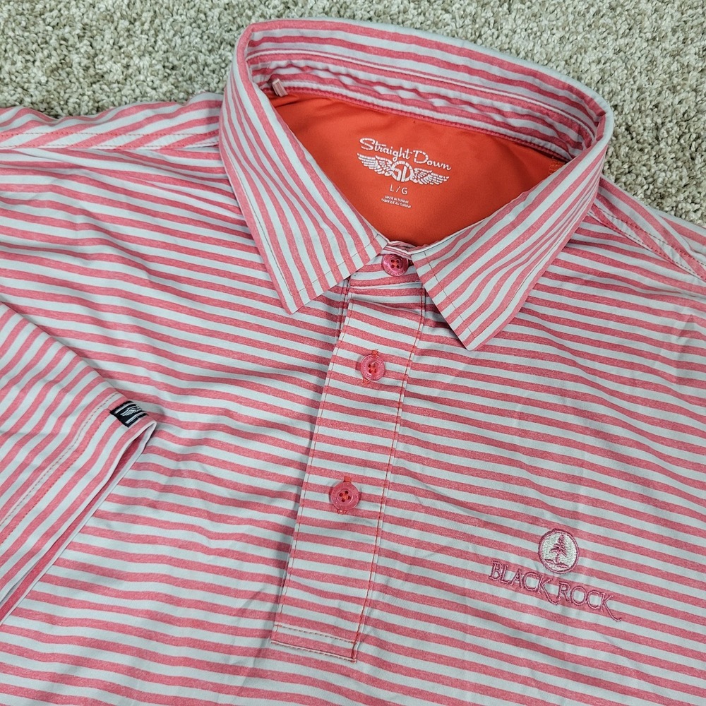 Straight Down Mens Large Red Gray Striped Performance Stretch Polo Short Sleeve